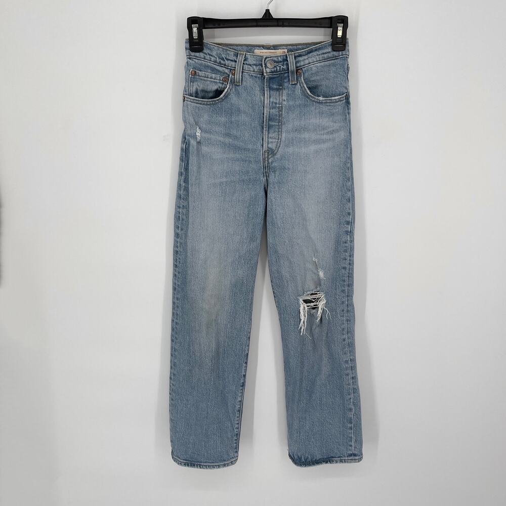 Levi's Premium Ribcage Straight Mid Rise Light Wash Mom Jeans Size 25 Blue